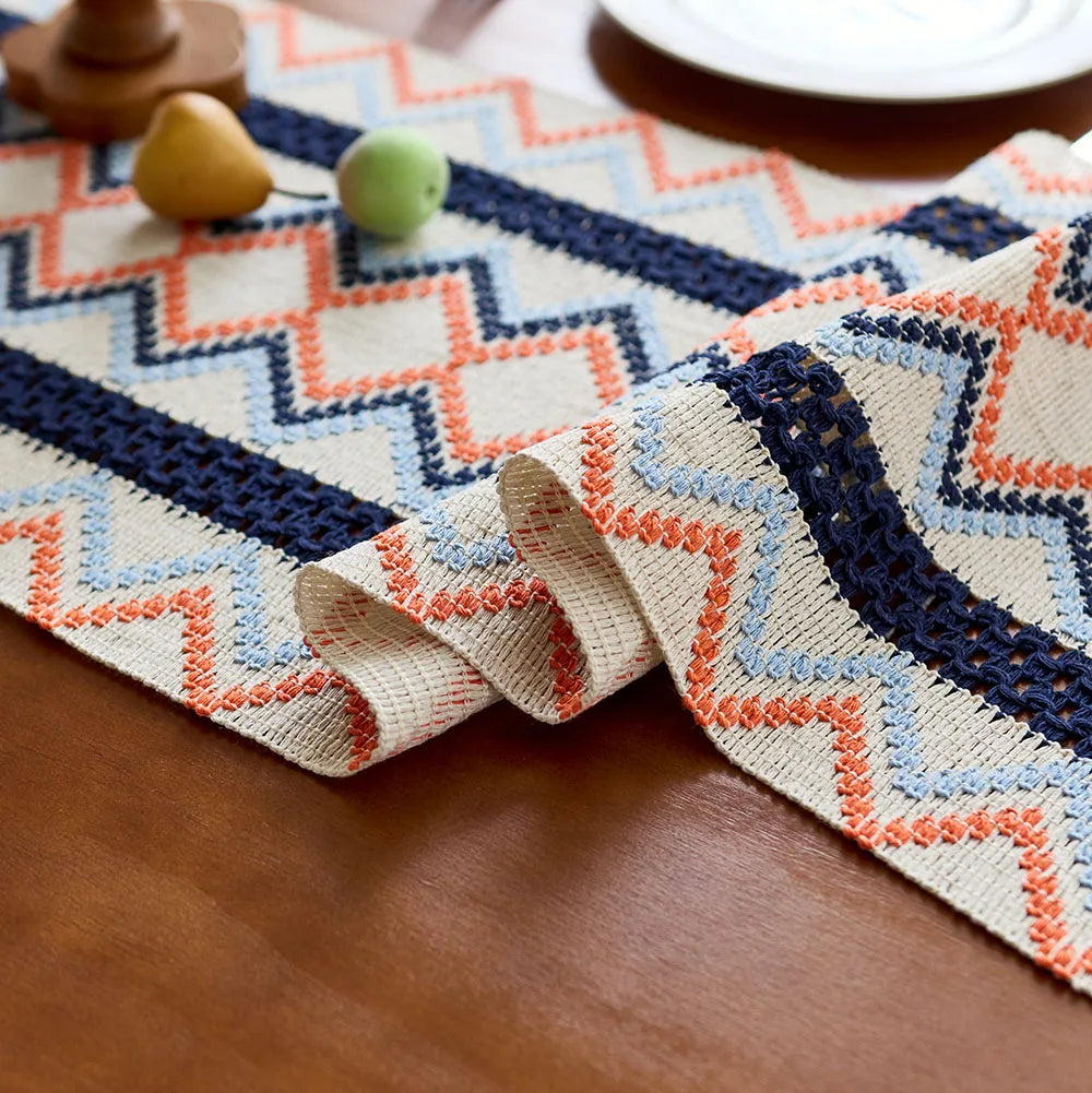 Bohemian Aztec Outdoor Table Runner with Tassels- Woven Patio Dining Decor for Coastal & Tropical Sp