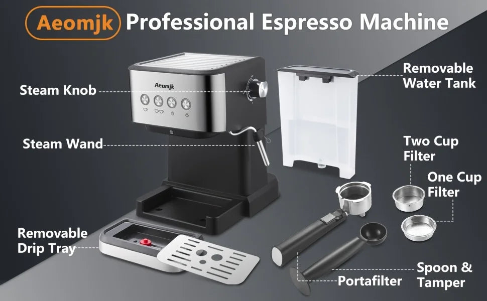 Aeomjk Semi-Automatic Espresso Machine, 20 Bar Pressure Extraction, for Making Cappuccino and Latte, with Steam Milk Frother, Espresso Machine with 1.5L Removable Water Tank