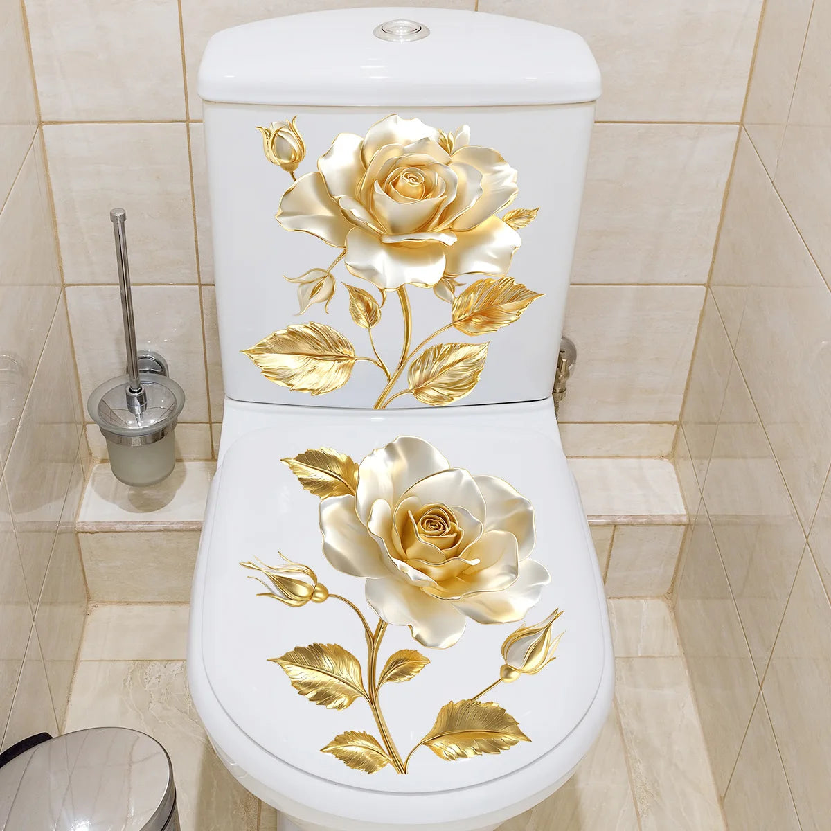Beautiful Golden Flower Toilet Sticker Bathroom Toilet Cover Decorative Sticker Waterproof Self Adhesive