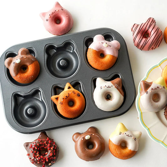 Donut Baking Pan Cat & Bear-Shaped Non-Stick Carbon Steel Doughnut Mold Muffin Cake Pan for Dessert Pastry DIY Kitchen Accessory