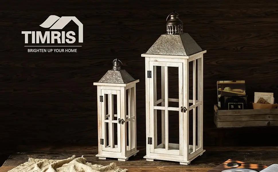 Large Rustic Wooden Decorative Lantern Set of 2, Modern Farmhouse Distressed Whitewash Floor Candle Lanterns, Indoor/Outdoor Han