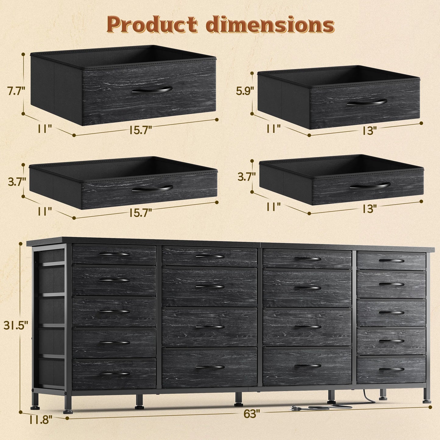 Large Capacity 63 Inch Dresser with 18 Deep Drawers LED Lighting and Built In Power Hub for Bedroom Living Room or Hallway