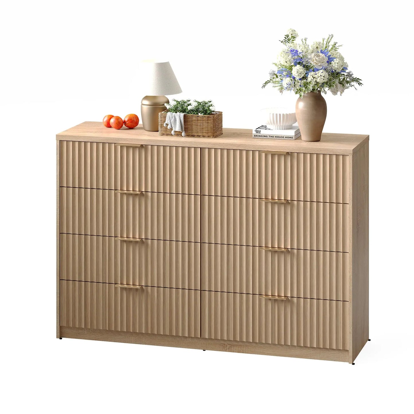 Fluted 8-Drawer Dresser With Wall Anchor, Anti-Tip Modern Chest Of Drawers, Double Dresser For Bedroom, Living Room, Entryway