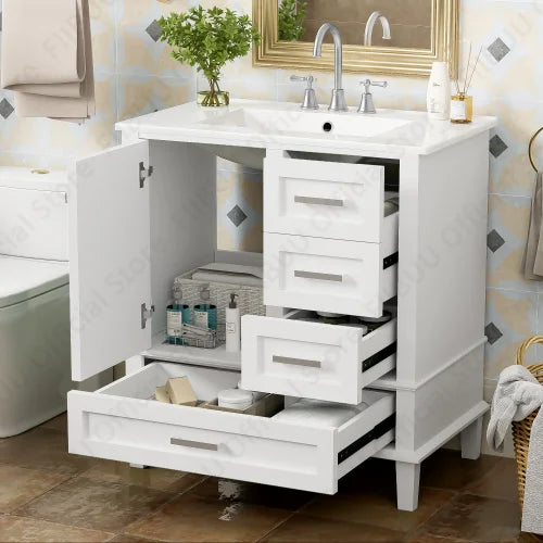 30" Bathroom Vanity with Sink Solid Wood Cabinet Waterproof Modern Storage with 3 Drawers Soft Close Door Sink Vanity Combo Set