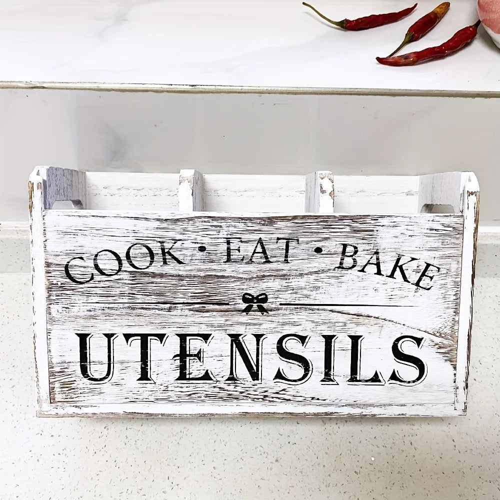Kitchen Utensils Holder with 3 Compartments, Wooden Utensil Organizer for Kitchen Countertop, Farmhouse Kitchen Decor