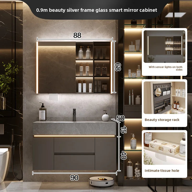 Bathroom Cabinet with Rock Plate Integrated Basin Bathroom Vanity Cabinet with Sink Smart Mirror Combination Bathroom Furniture