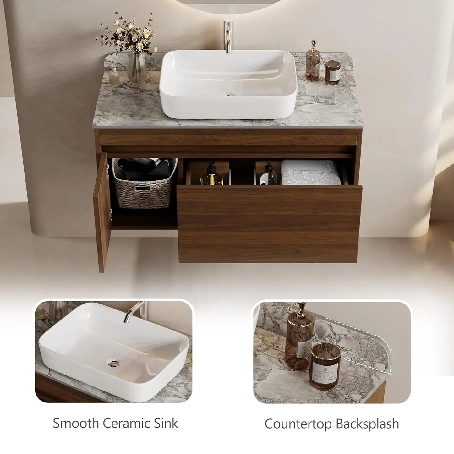 36in Floating Bathroom Vanity Sink Combo Wood Cabinet Gray Sintered Stone Countertop Easy Assembly Customized