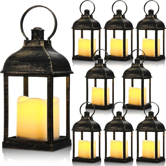 8 Pcs 10 Inch Dark Bronze Decorative Candle Lantern Bulk for Wedding Centerpieces Bronze Lanterns with LED Flameless Candle Indo