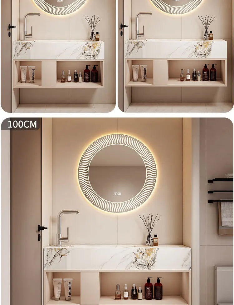 Modern Bathroom Vanity Cabinet Sink Small-sized Bathroom Cabinet with Smart Round Mirror Rock Ceramic Basin Bathroom Furniture