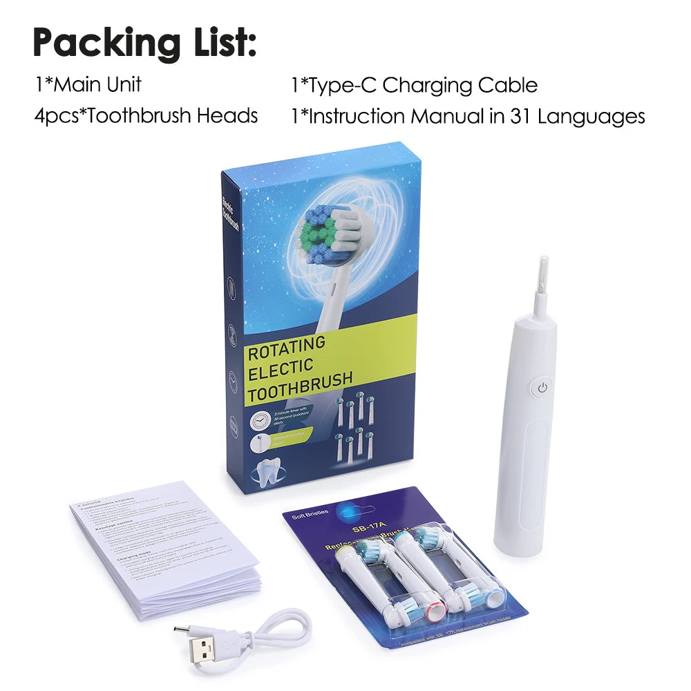 Rotating Electric Toothbrush, 5 Cleaning Modes Timer Clean Teeth Whitening, USB Rechargeable Toothbrush with Replaced Heads