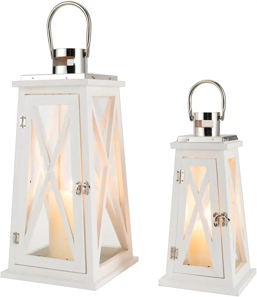 Set of 2 Farmhouse Wood Candle Lantern 22'' &15.5'' H Decorative Candle Holders with Tempered Glass Rustic Hanging Lantern for G