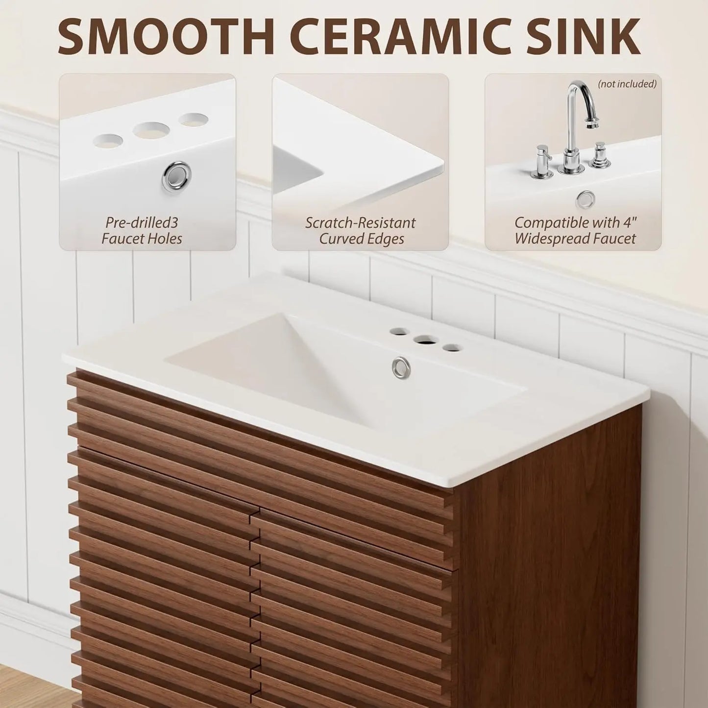 30" Mid-Century Bathroom Vanity Cabinet Ceramic Sink Soft Close Doors Freestanding Particleboard Wood Grain Walnut Customized