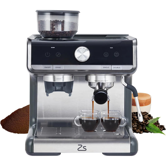 20 Bar Semi-Automatic Coffee Machine Built-in Bean Grinder & Steam Wand 2.8L Removable Water Tank Professional Home Cappuccino