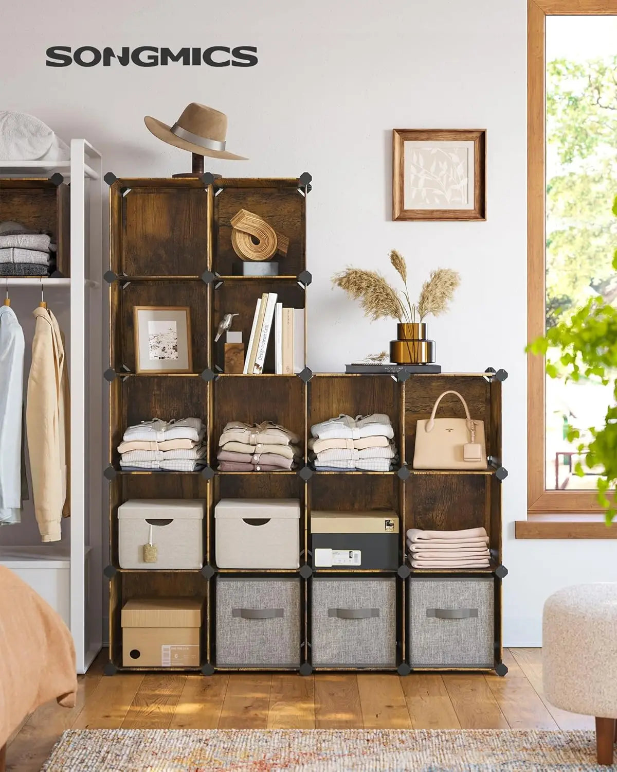 16-Cube Storage Organizer Set, Plastic Closet Shelves for Bedroom Living Room, 12.2x48.4x48.4 Inches Rustic Brown