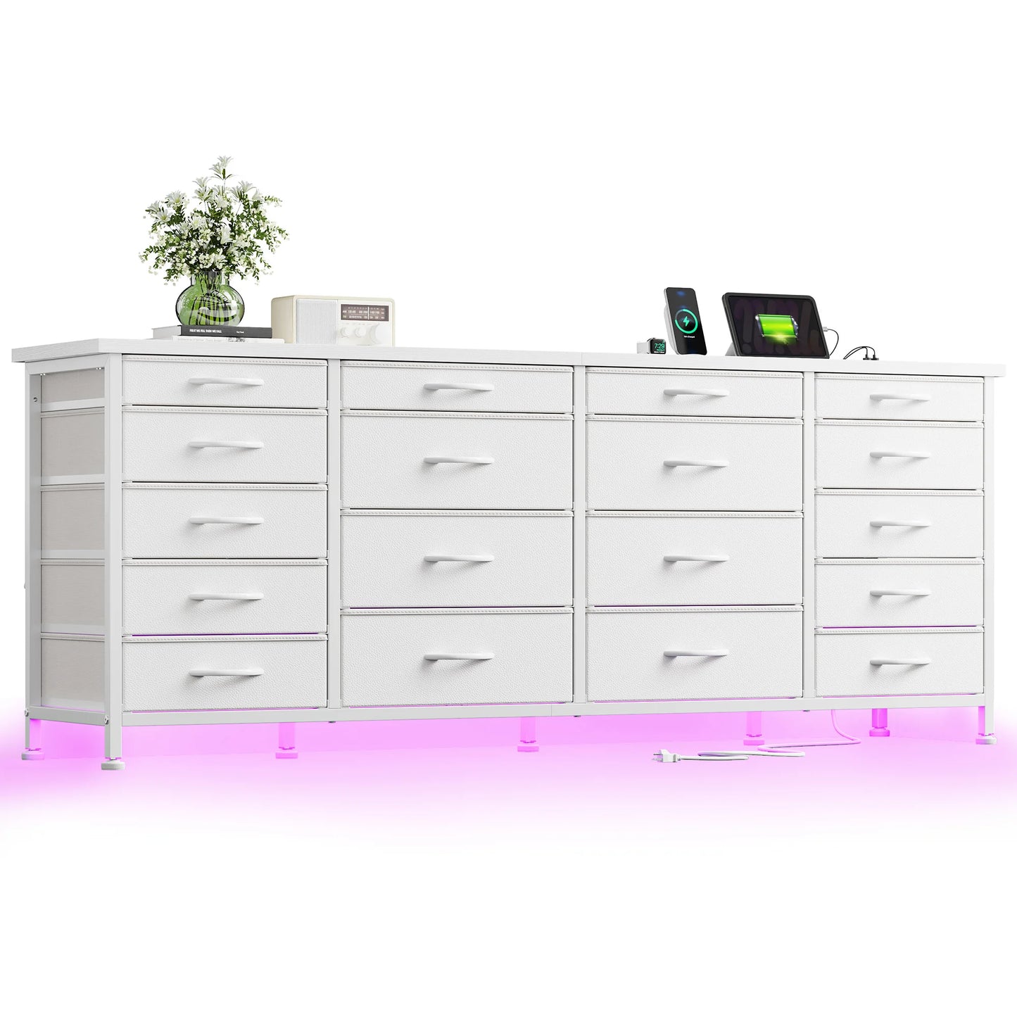 Large Capacity 63 Inch Dresser with 18 Deep Drawers LED Lighting and Built In Power Hub for Bedroom Living Room or Hallway