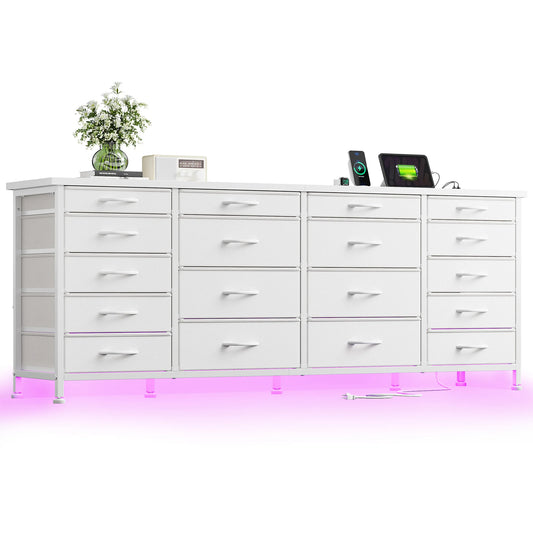 Large Capacity 63 Inch Dresser with 18 Deep Drawers LED Lighting and Built In Power Hub for Bedroom Living Room or Hallway
