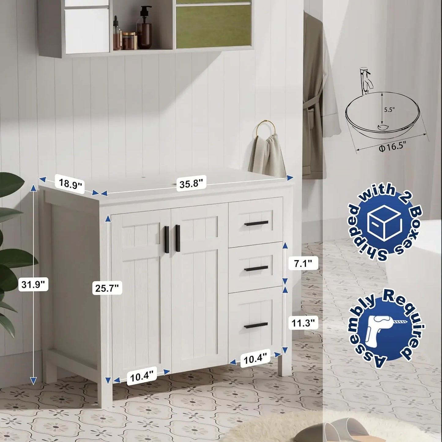36" Bathroom Vanity Sink Combo Modern Freestanding Cabinet Soft Closing Doors Drawers Vessel Top Faucet Pop Up Drain Customized