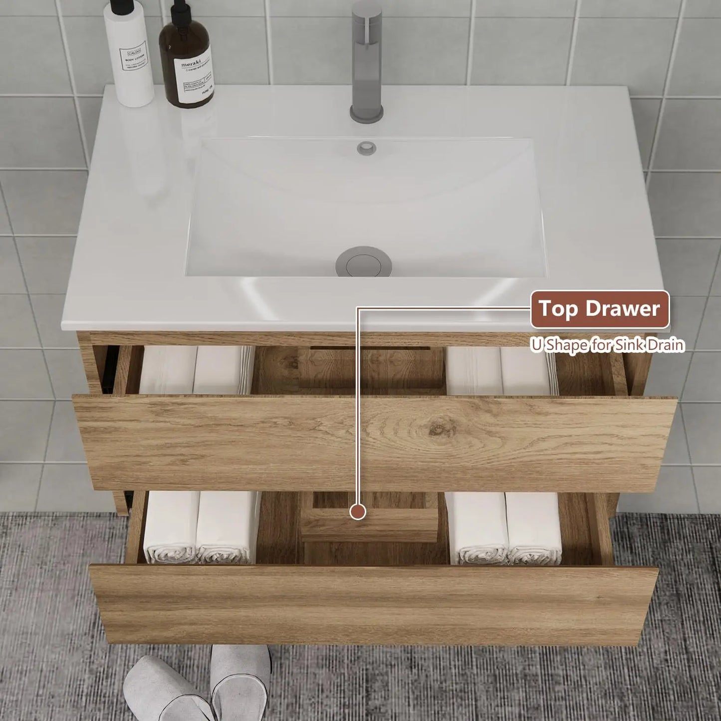 30" Space-Saving Floating Bathroom Vanity with Sink Moisture-Resistant MDF 2 Soft-Close Drawers Modern Bathrooms Customized