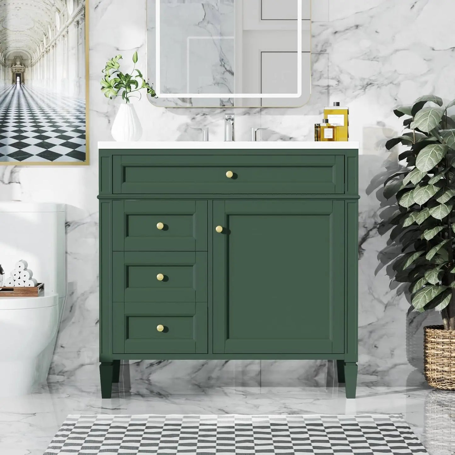 36in Solid Wood Bathroom Vanity with Soft-Close Doors & Tip-Out Drawer Undermount Sink Cabinet Green Customized