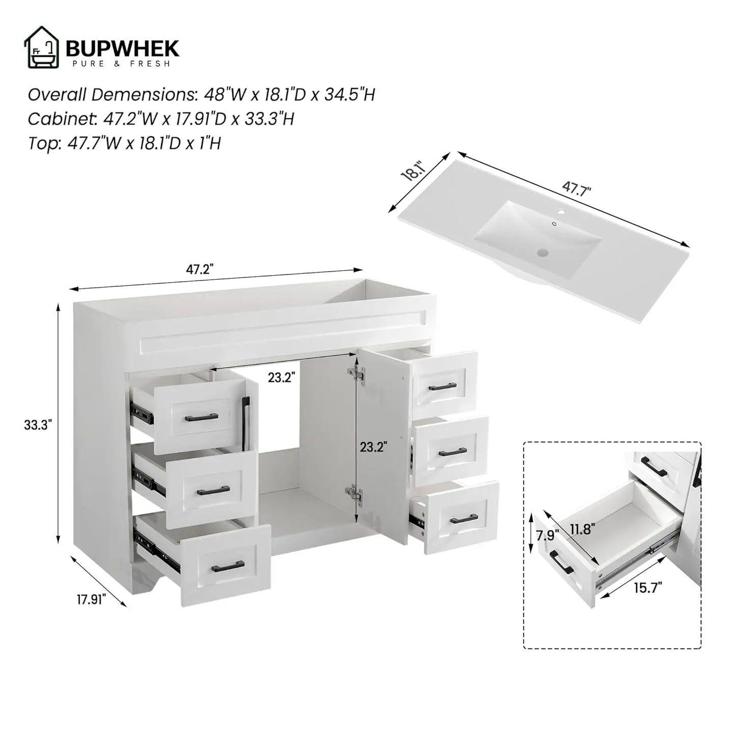 White Bathroom Vanity Cabinet with Resin Sink Combo Soft Close Doors 6 Drawers Modern Storage, Customized