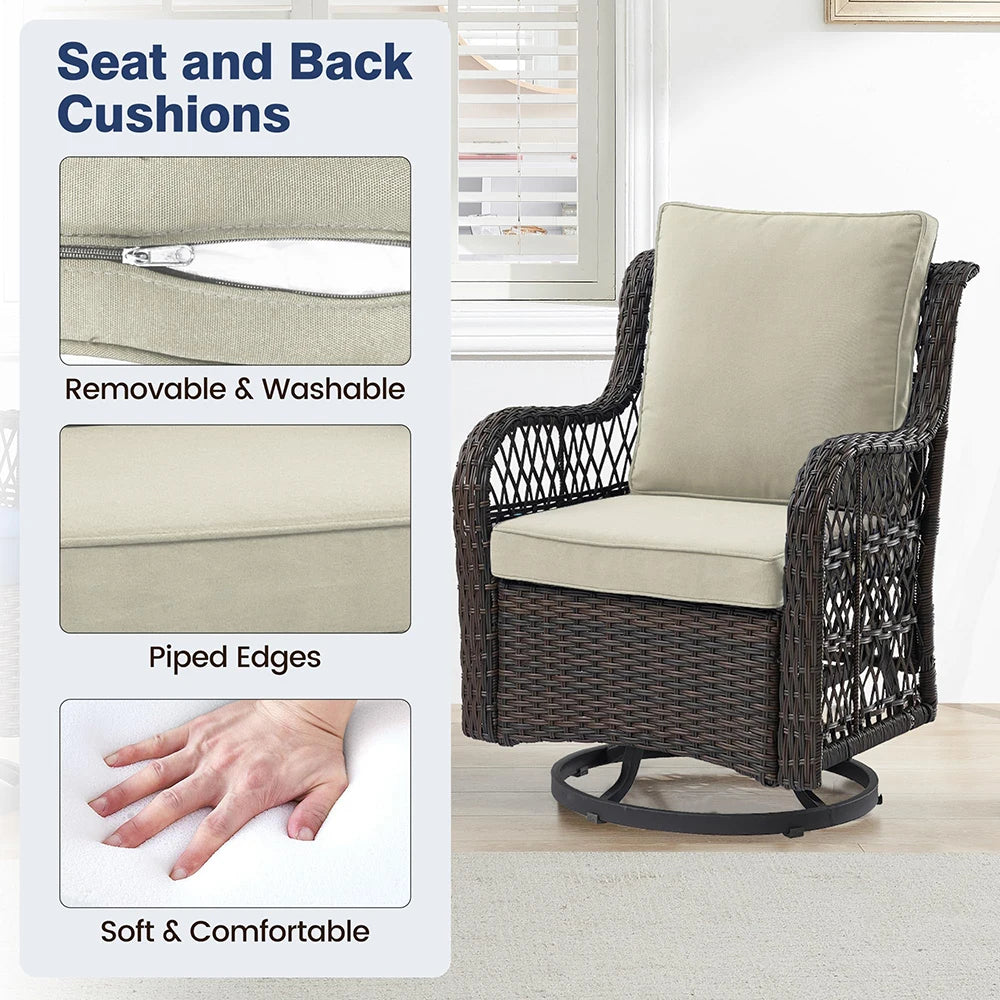 3-Piece Wicker Swivel Rocking Patio Set, 2 Chairs & Glass Table, Rattan Outdoor Furniture With Cushions For Patio Porch Backyard