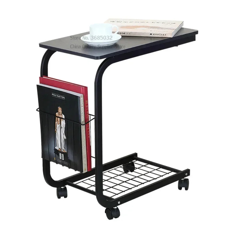Iron Living Room Table, Movable Sofa Side Table, Corner Coffee Stand, Simple Wheel-Based Lazy Table, Mobile Furniture, 2-Layer
