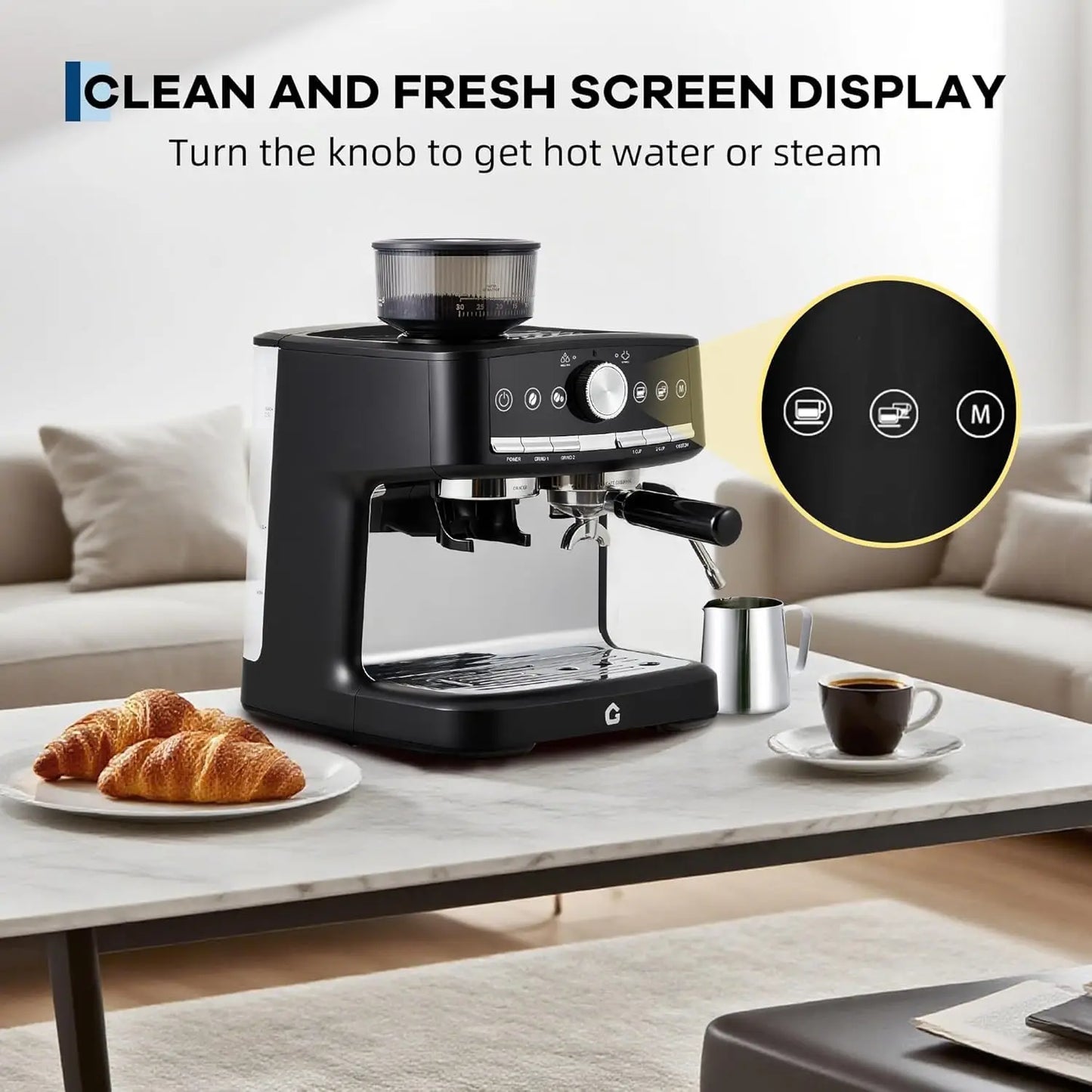 20 Bar Espresso Machine With Grinder Milk Frother 1.5L Coffee Maker 30 Grind Settings Automatic Steam Wand Home Barista