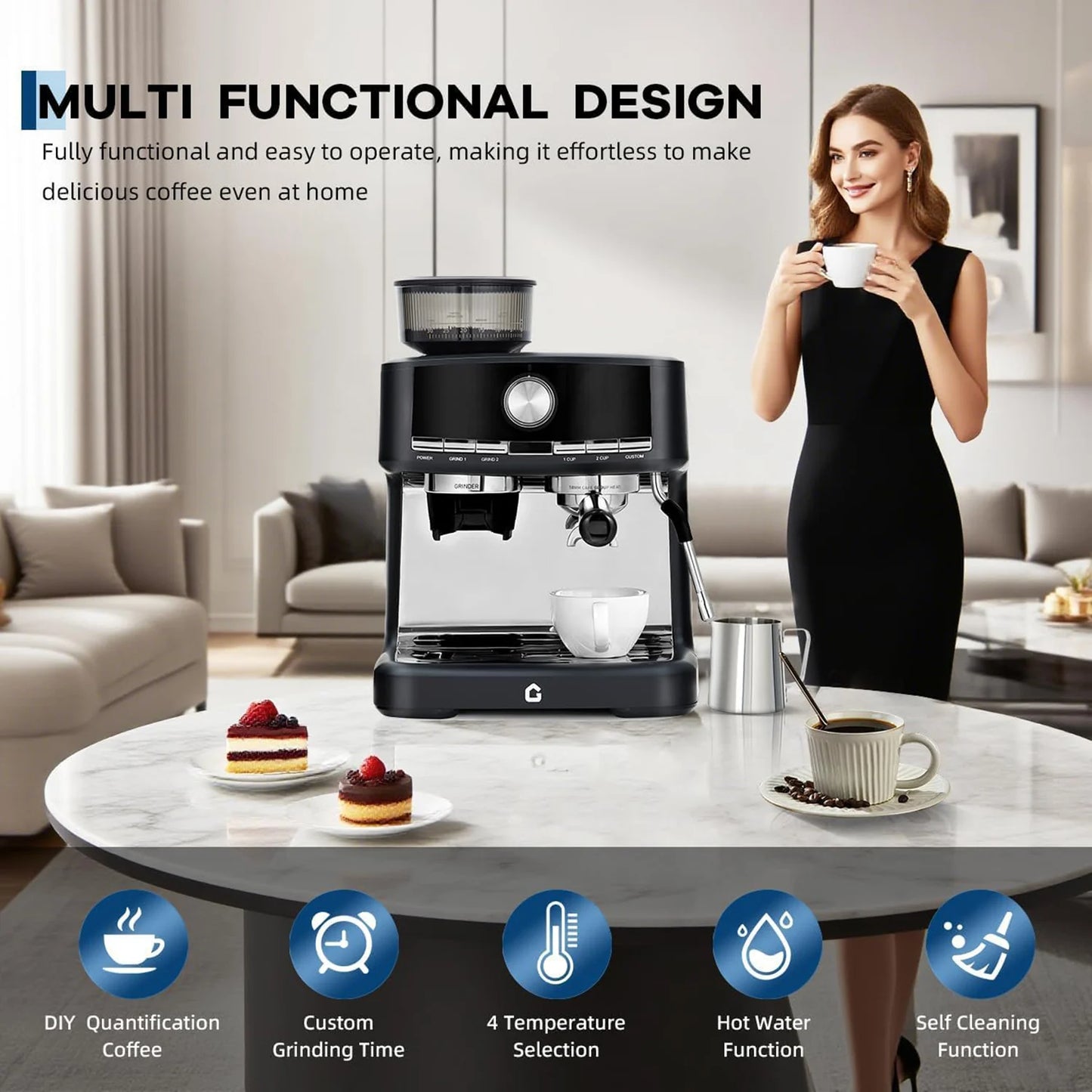 20 Bar Espresso Machine With Grinder Milk Frother 1.5L Coffee Maker 30 Grind Settings Automatic Steam Wand Home Barista