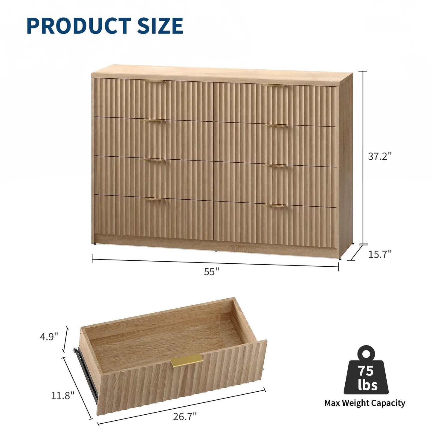 Fluted 8-Drawer Dresser With Wall Anchor, Anti-Tip Modern Chest Of Drawers, Double Dresser For Bedroom, Living Room, Entryway
