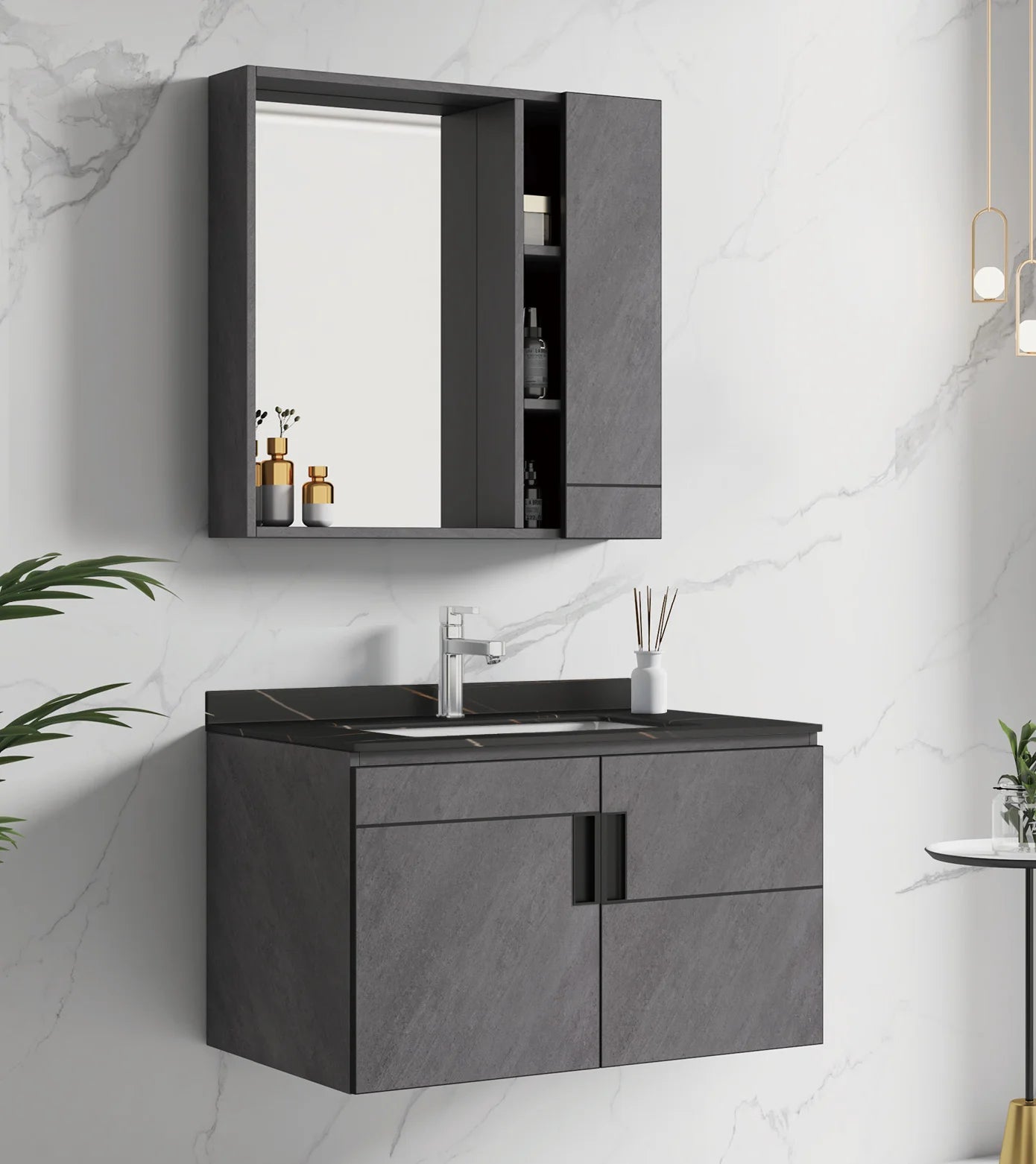 Modern Design Gray PVC Bathroom Vanity Cabinet Framed Mirror Wall-Mounted for  Villas Hotels Includes Wash Basin
