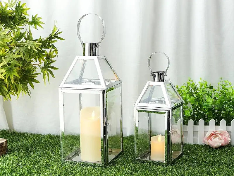 Set of 2 Stainless Steel Decorative Lanterns 13"&10" H Metal Candle Holders with Tempered Glass for Home Decor Living Room Parti