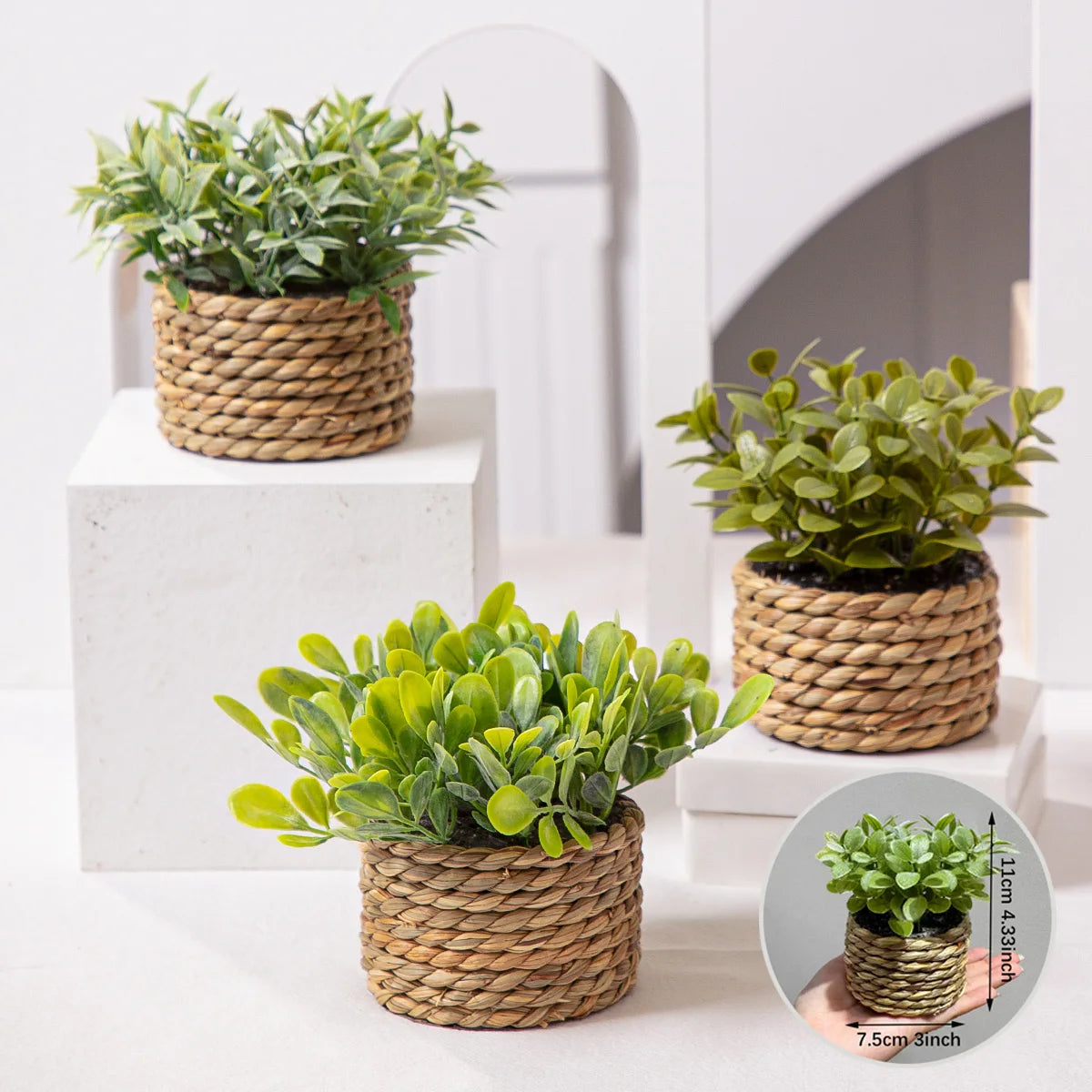 XIYA FLOWER Green Artificial Plants Eucalyptus Grass Woven Small Potted Plants Grass Mound 11cm PE Material Home Decoration