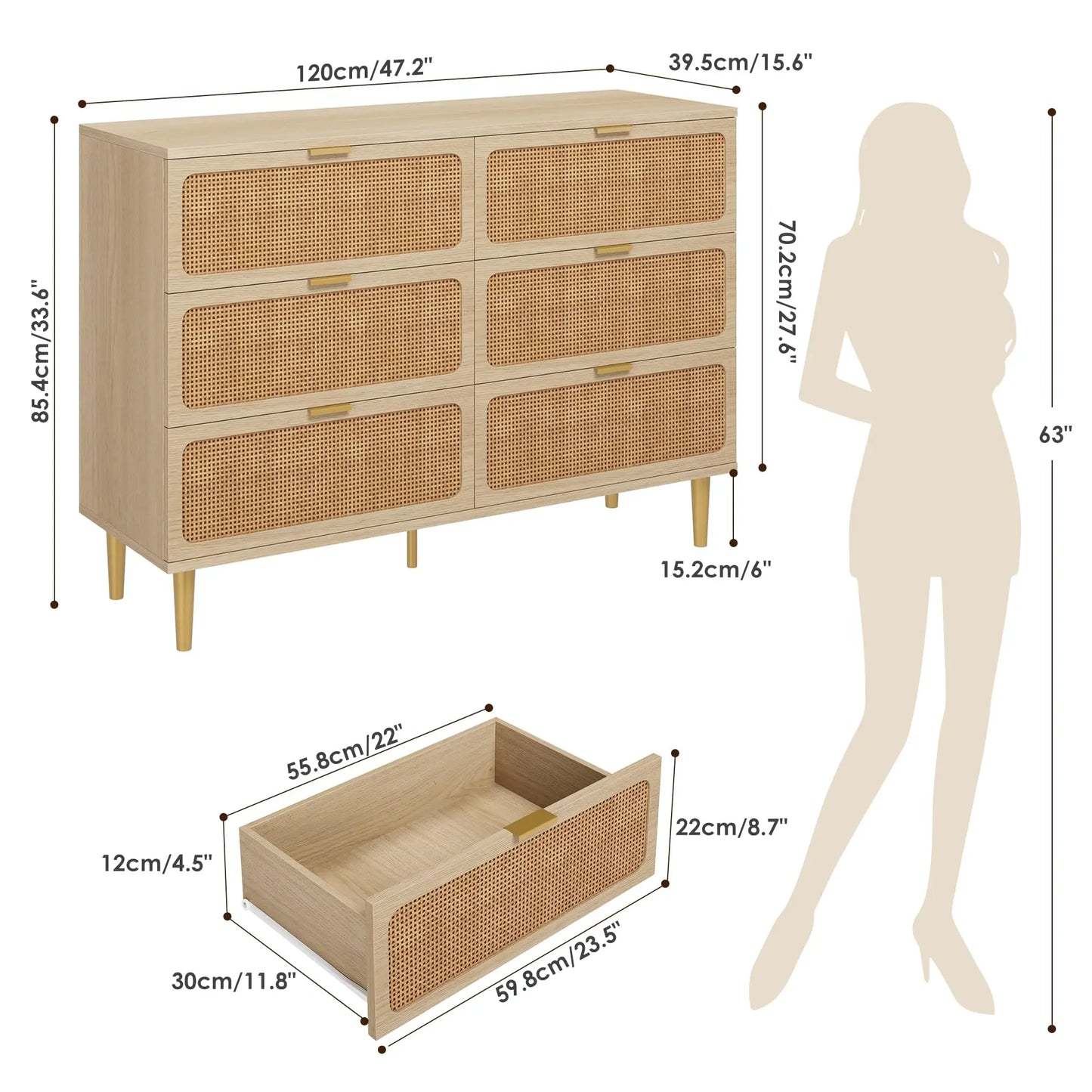 6-Drawer Rattan Dresser, Natural Hand-Woven Rattan & Wood Large Storage Dresser With Deep Drawers For Bedroom Living Room