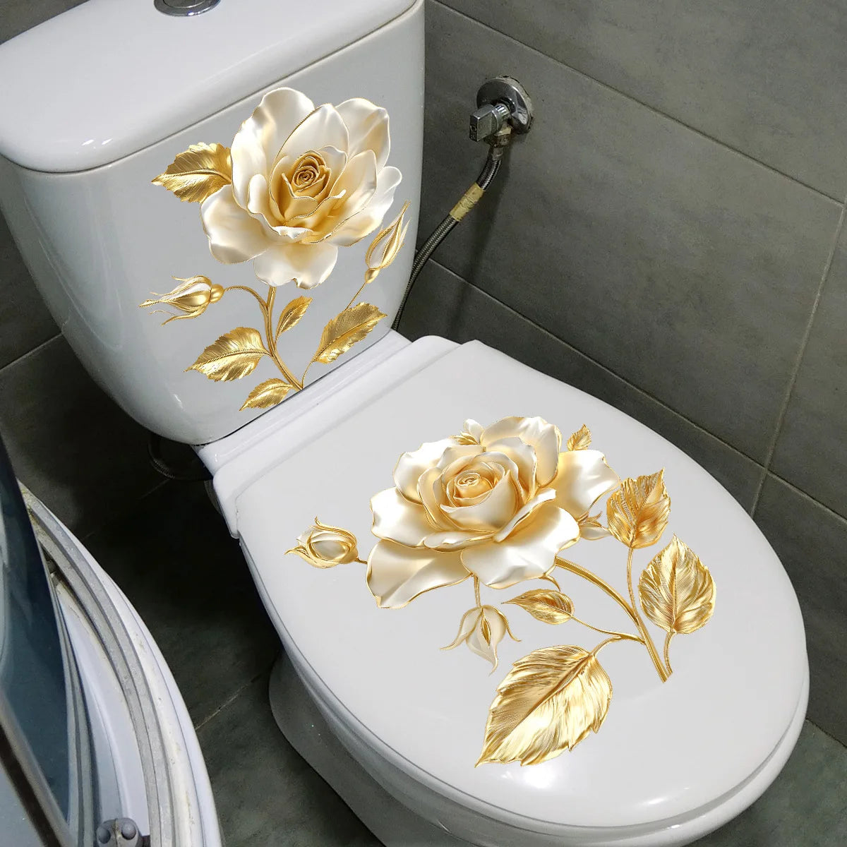 Beautiful Golden Flower Toilet Sticker Bathroom Toilet Cover Decorative Sticker Waterproof Self Adhesive
