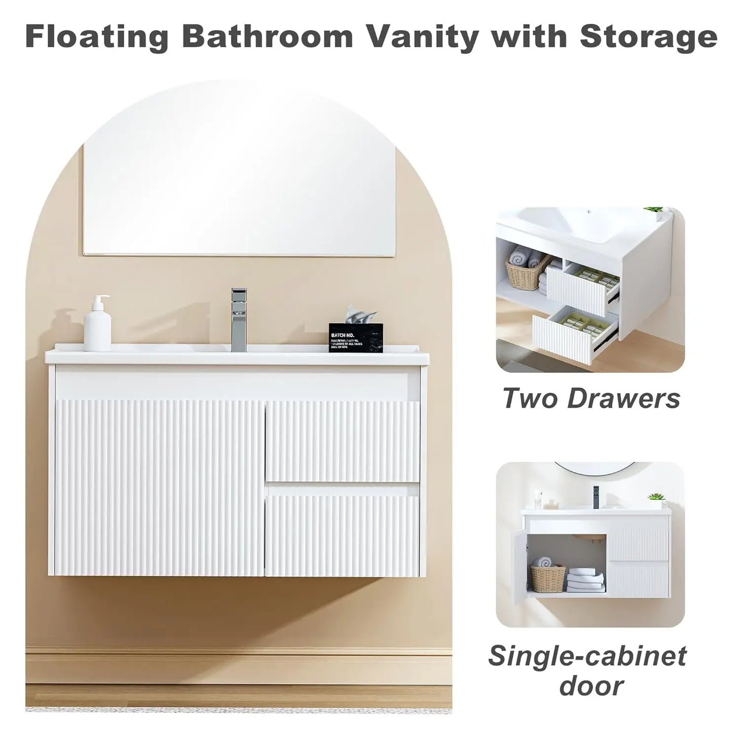 32" Wall Mounted Bathroom Vanity with Sink, Soft-Close Drawers, Wave-Carved Door, Ceramic Top, Customized