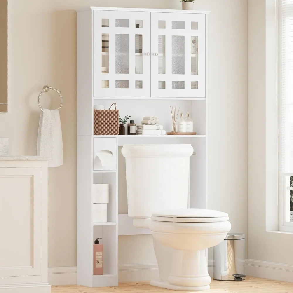 Freestanding Toilet-Top Storage Cabinet with 2 Glass Doors and Adjustable Shelves