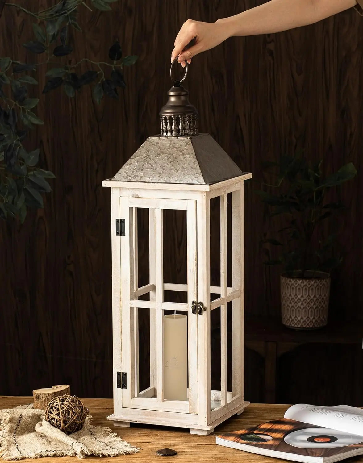 Large Rustic Wooden Decorative Lantern Set of 2, Modern Farmhouse Distressed Whitewash Floor Candle Lanterns, Indoor/Outdoor Han