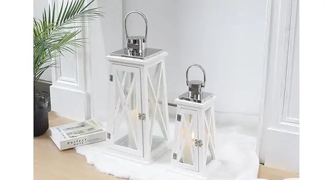 Set of 2 Farmhouse Wood Candle Lantern 22'' &15.5'' H Decorative Candle Holders with Tempered Glass Rustic Hanging Lantern for G