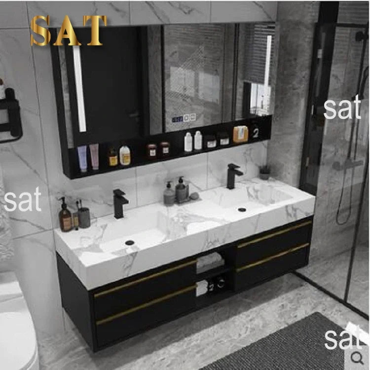 -For 60 Inch Luxury Double Sink Basin Bathroom Vanity Cabinet Home Center Bathroom Cabinet Set^