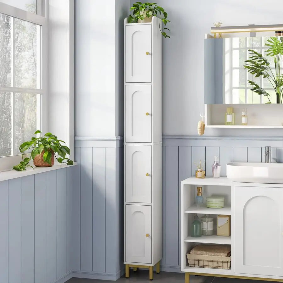 Narrow Tall Storage Cabinet, Slim Bathroom Storage Cabinet with 4 Adjustable Feet and Shelves, Bathroom Organization for Small S