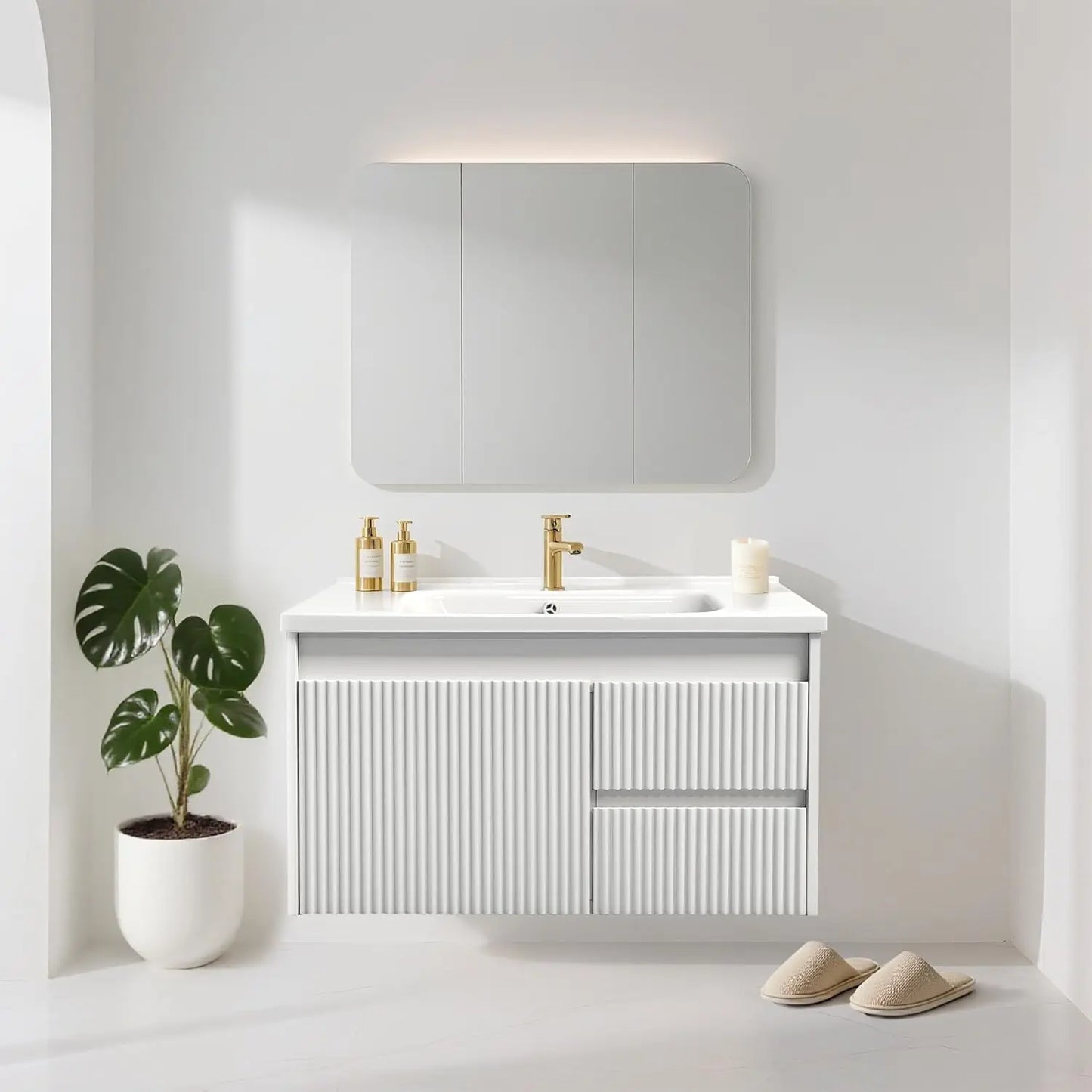 32" Wall Mounted Bathroom Vanity with Sink, Soft-Close Drawers, Wave-Carved Door, Ceramic Top, Customized