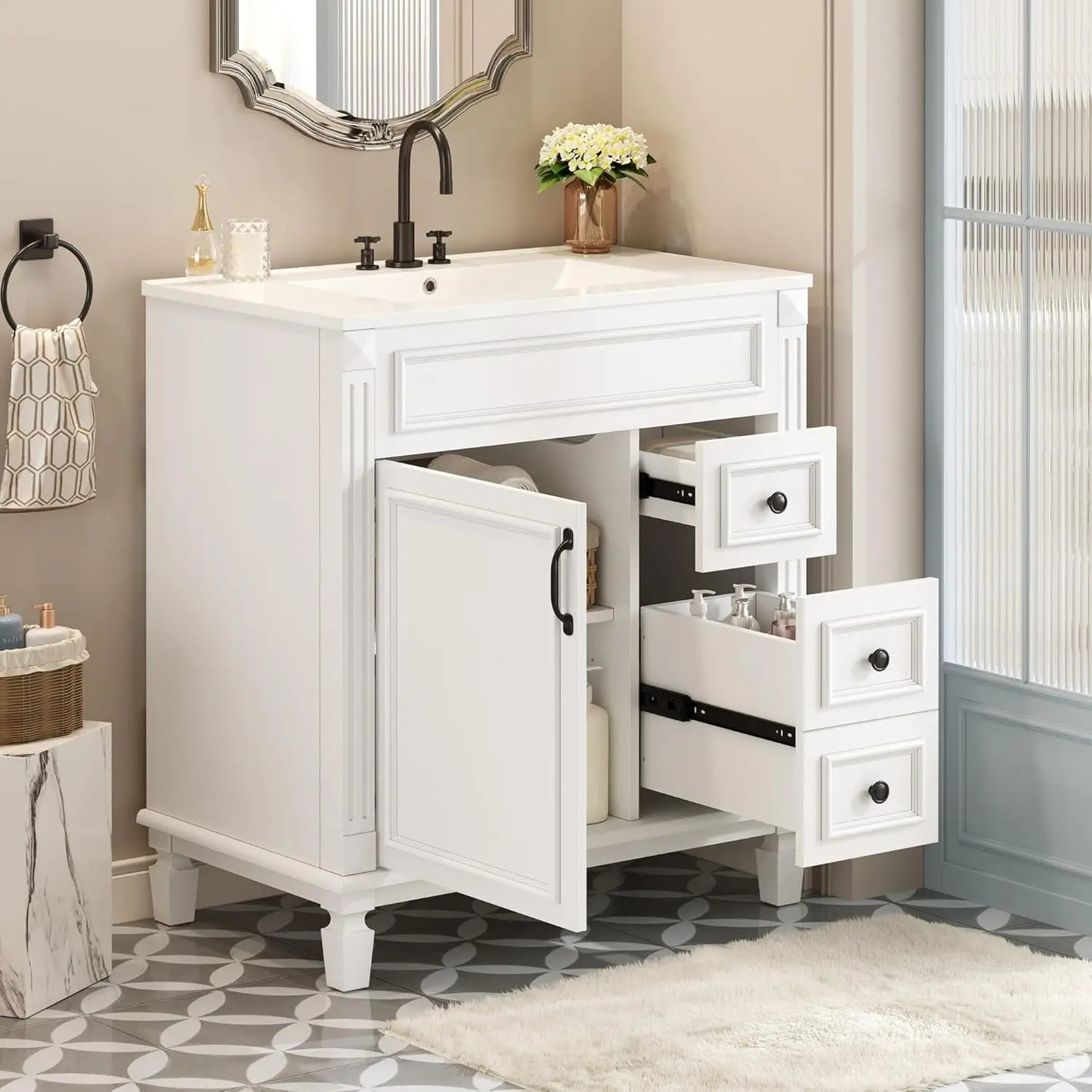 30" Bathroom Vanity with Sink Modern Storage Cabinet Single Sink Door Two Drawers Solid Wood Frame, Customized