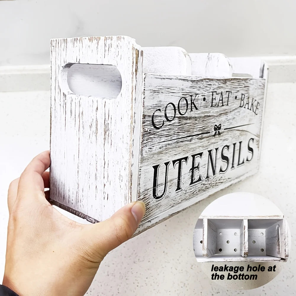 Kitchen Utensils Holder with 3 Compartments, Wooden Utensil Organizer for Kitchen Countertop, Farmhouse Kitchen Decor