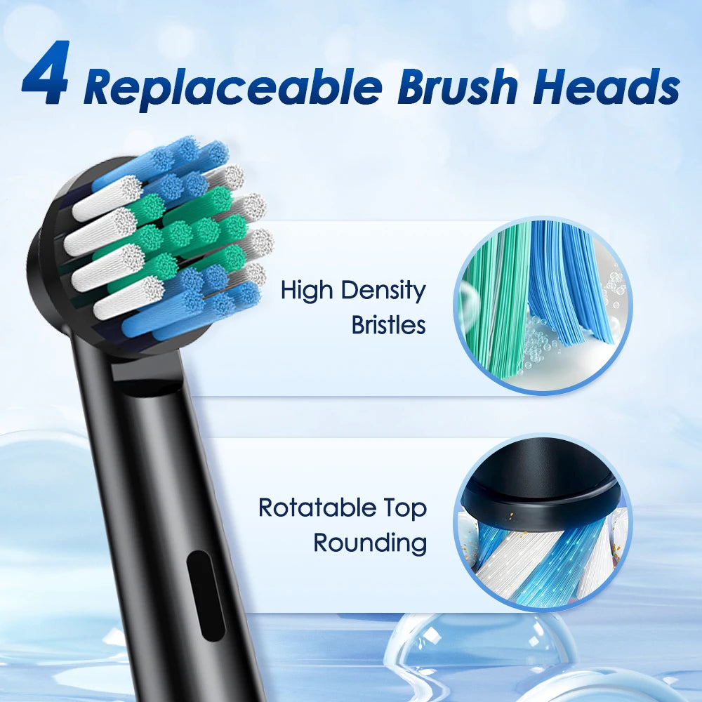 3D Rotating Electric Toothbrush 5 Modes USB Fast Rechargeable Rotary Electric Toothbrush with Travel Case 4 Brush Heads