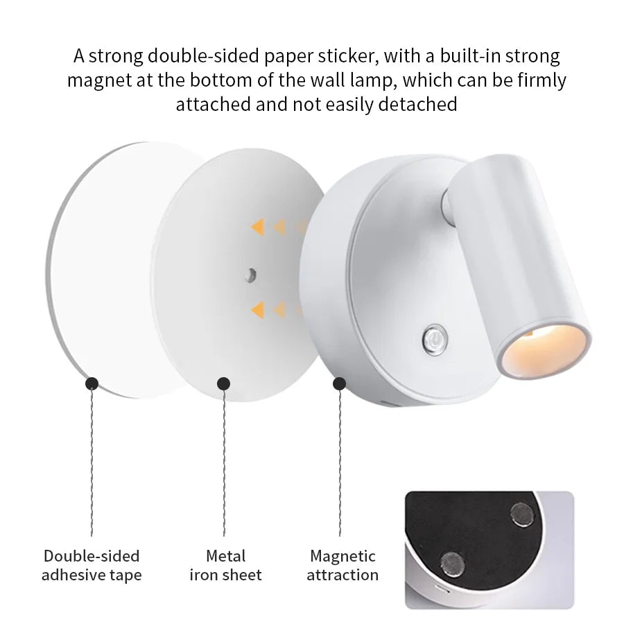 Magnetic Base USB Rechargeable LED Cordless Wall Light Touch Switch Black White Gold Silvery Dimmable Bedside Lamp For Reading