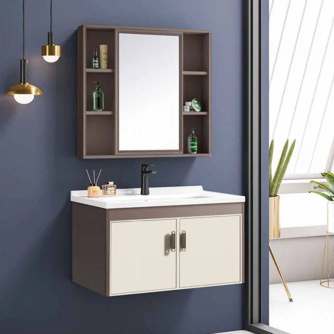Modern Design Gray PVC Bathroom Vanity Cabinet Framed Mirror Wall-Mounted for  Villas Hotels Includes Wash Basin
