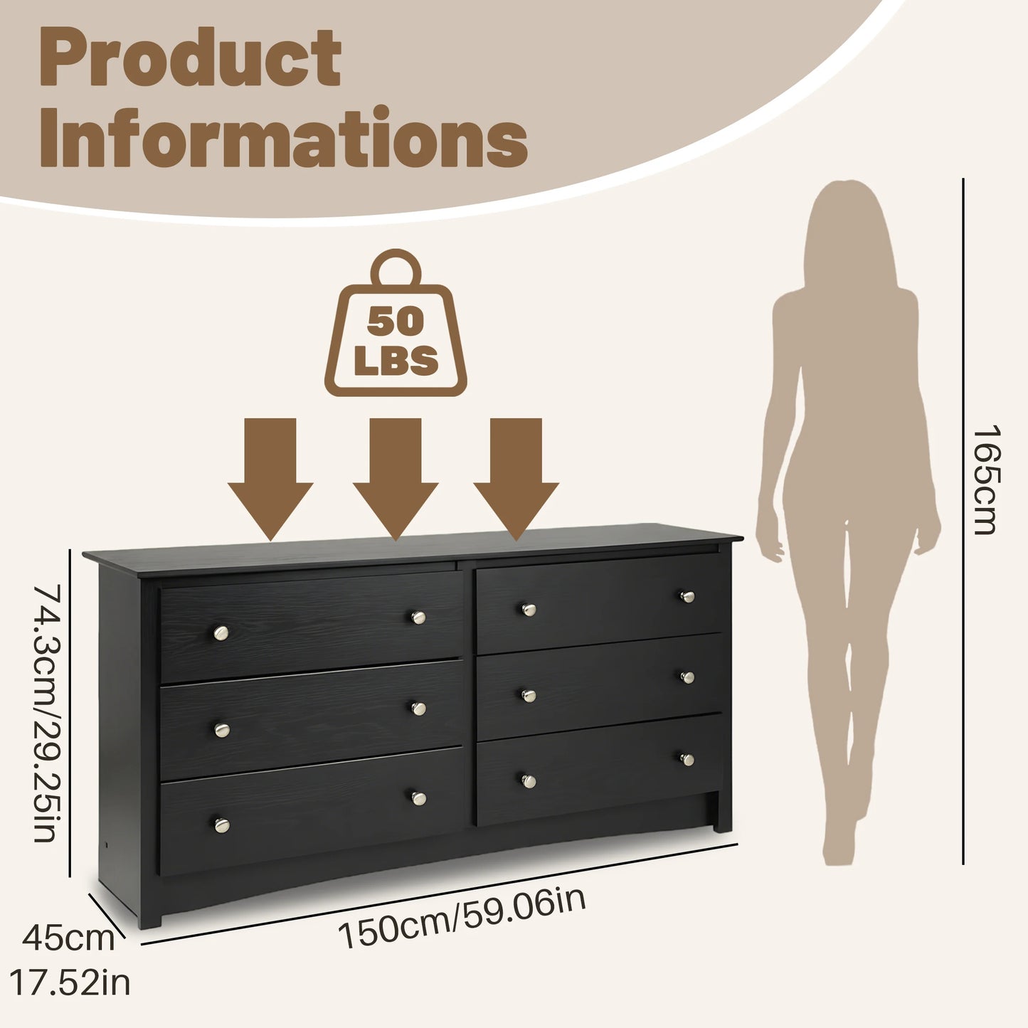 JHK 59IN Wood 6 Dresser Drawers Cabinet for Living Room Stable Structure Storage Wide Chest of Drawers Furniture For Bedroom
