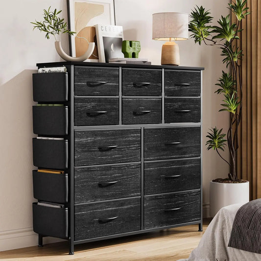 12-Drawer Fabric Dresser for Bedroom,Tall Chest of Drawers,Adjustable Metal Frame,Side Pockets & Hooks Storage Tower for Closet