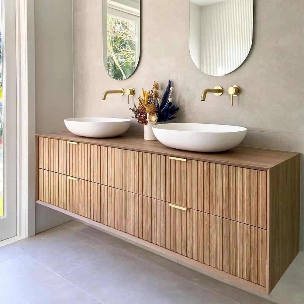 New Design Fluted Wooden Bathroom Cabinet with Slim Shaker RTA Vanity Cabinetry with Soft Closing System for Home or Villa