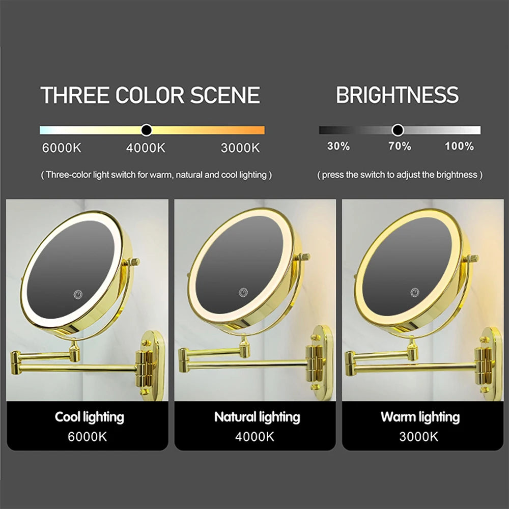 8 inch Makeup Mirror Matte Gold 3x/5x/7x/10x Magnifying Double Side USB Charging Bathroom 3 color light Cosmetic Mirrors